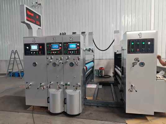 เครื่องพิมพ์อัตโนมัติ Flexo Printer Slotter พร้อมระบบแห้งที่บูรณาการ, การควบคุมความเครียดที่แม่นยําและความเร็ว 100-130m / นาทีสําหรับการพิมพ์กระดาษกล่อง